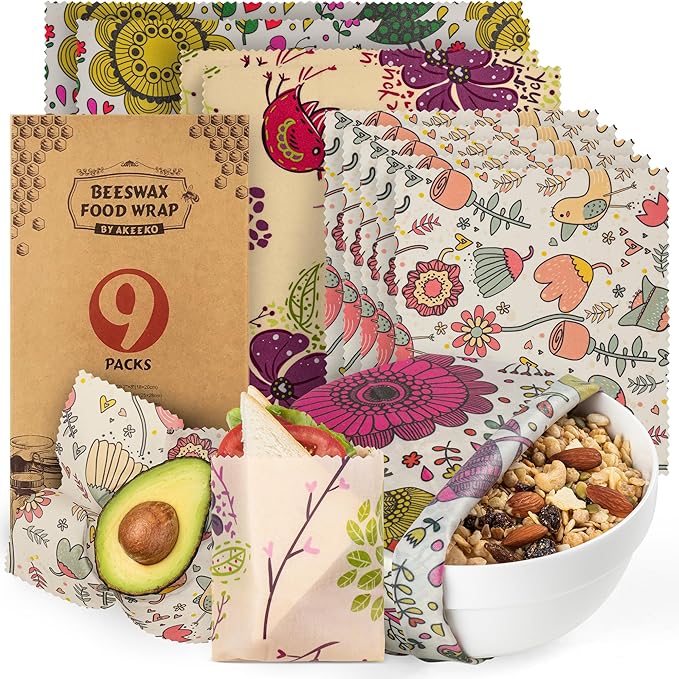 Akeeko Reusable Beeswax Food Wraps - Assorted 9 Packs, Reusable, Plastic-Free Food Storage, 5 Small, 2 Medium, 1 Large, 1 Extra Large Wraps with Plants and Boho Birds Pattern
