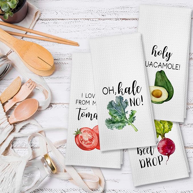 Funny Foodie Kitchen Towels, Set of 4 Vegetables Dish Towels for Washing Drying Dishes, Decorative Hand Tea Towels for Birthday Housewarming Hostess Wedding Shower Christmas Gifts-A56