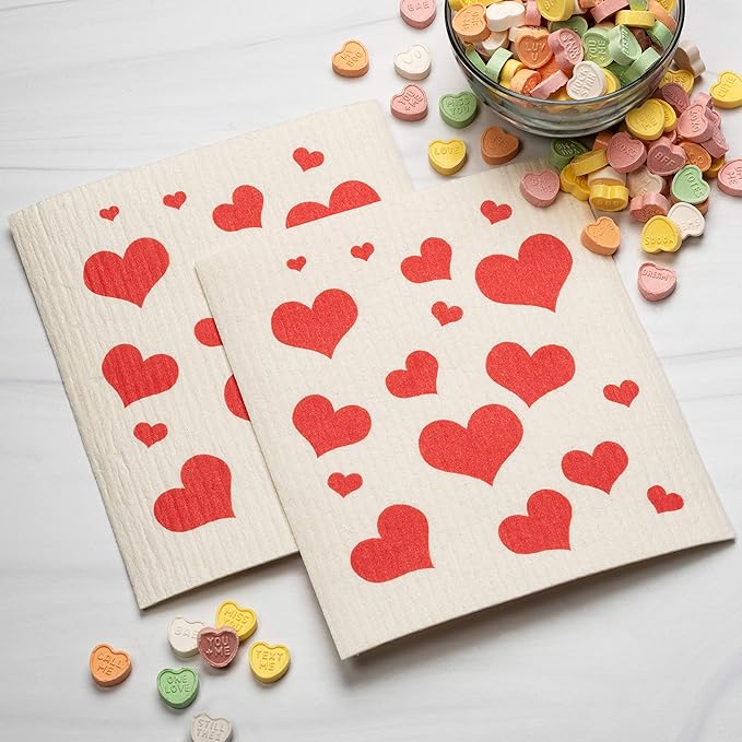 Swedish Dishcloths 2 Pack Red Flying Hearts Print Reusable Sponges Kitchen Cleaning Cloth Dish Scrubber, Machine Washable, Measures 7.87”x6.88 inches.
