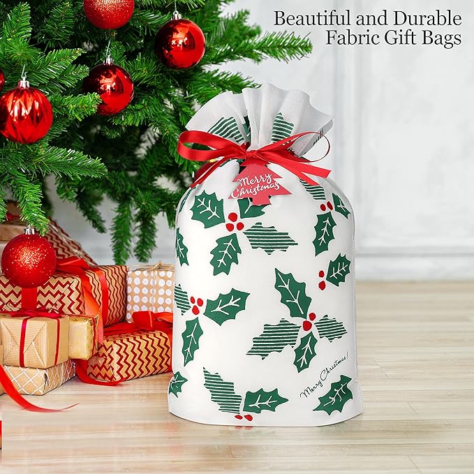 Fabric Gift Bags for Christmas Presents - Set of 6 Christmas Bags with Drawstring, Large Gift Bags for Presents, Xmas Gift Wrap, Reusable Drawstring Bags for Gifts (Holly Large)