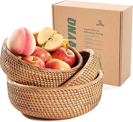 Honey Brown Natural Rattan Bread Basket Set of 3 - Handwoven Round Wicker Serving Bowls for Fruit, Snacks, Kitchen Counter Organizing | Stackable Farmhouse Decor