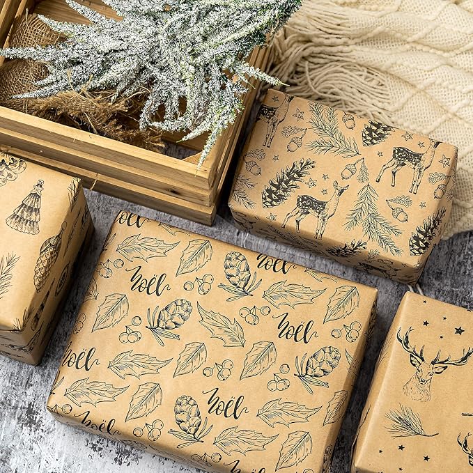 RUSPEPA Christmas Wrapping Paper Set - 4 Rolls of Kraft Wrapping Paper (30 Inches x 10 Feet Per Roll) with 8 Gift Bows, 1 Spools of Bakers Twine, Jute String, 30 Stickers and 30 Gift Tags - Black