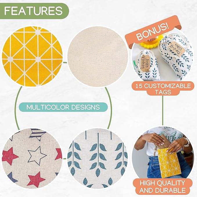 12 pcs Reusable gift bags. Bonus: 15 Gift tags & String. Multipurpose Gift wrap bags. Fabric gift bags. Gift bags assorted sizes for Holiday gifts, birthdays, parties. 1st Ed.