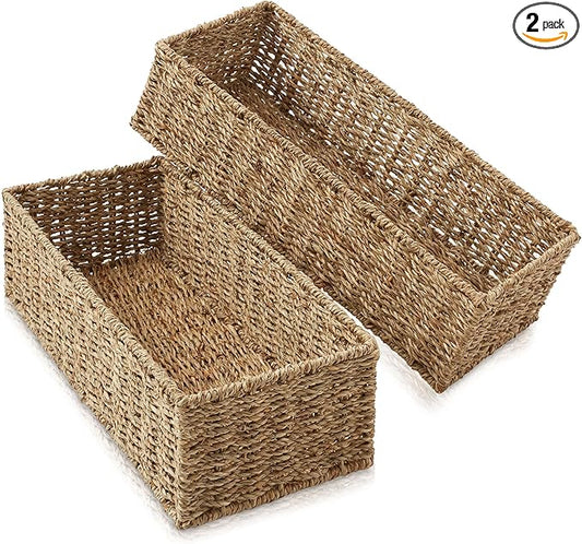 Casafield Set of 2 Bathroom Storage Baskets, Natural - Seagrass, 16" W x 6.75" D x 4.25" H, Woven Toilet Tank Topper Bins for Organizing Tissues, Toilet Paper, Toiletries, Shelves