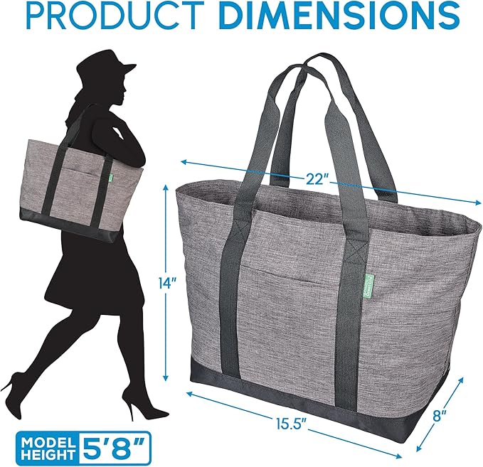Creative Green Life Extra Large Tote Bag for Women or Men with Zipper – Everyday Tote-Bag for Work, School, gym, Shopping, Teachers, Nurses – Canvas Style Travel Bag, Weekender Overnight Bag (Gray)