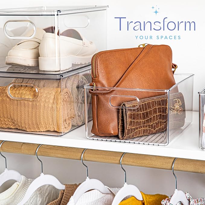 primebox Plastic Food Storage 6 Pack Clear Container Bin with Handles for Organizing Kitchen, Pantry, Refrigerator, Freezer, Pantry, Cabinet, Closet, Bathroom 10”x8”x5”