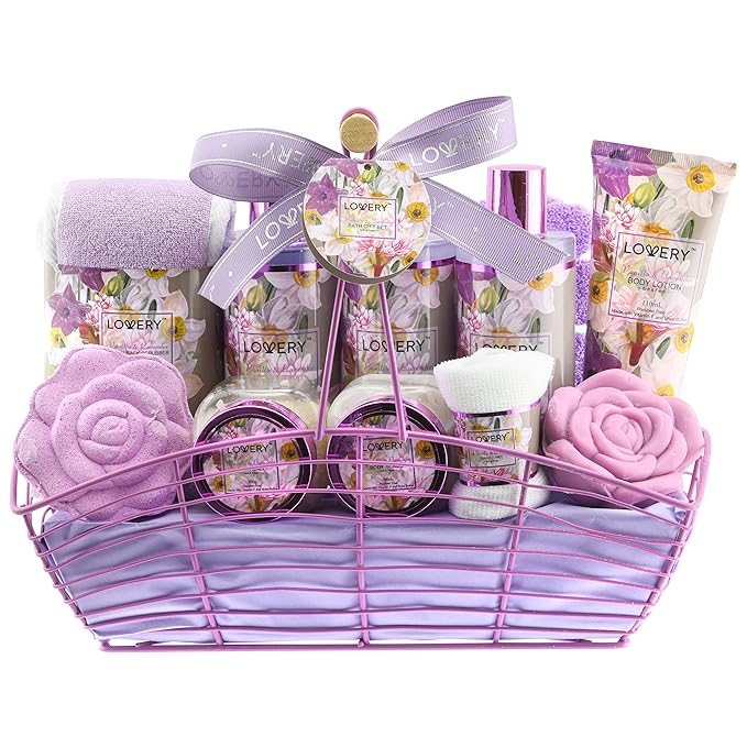 Christmas Gift Sets For Women, Gift Basket for Women & Men, Bath and Body Gift Basket, 13pc Vanilla Lavender Home Spa Set, Body Lotion, Bath Bomb, Shower Gloves Gift for Mom Thank You Birthday Gifts