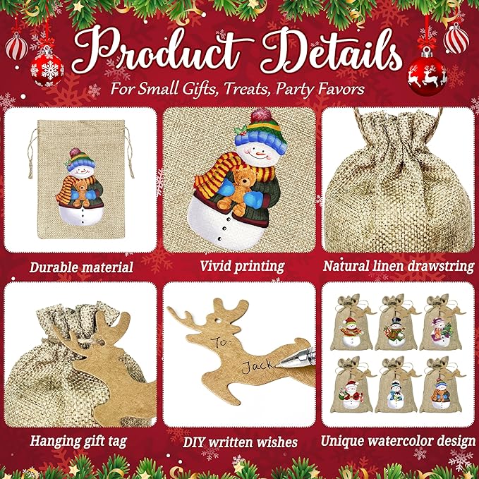BORAMDO Christmas Burlap Gift Bags with Drawstrings - 24 Pcs, Watercolor 12 Designs Snowman Linen Wrapping Bags, Small Treat Candy Bags for Holiday Party Favors
