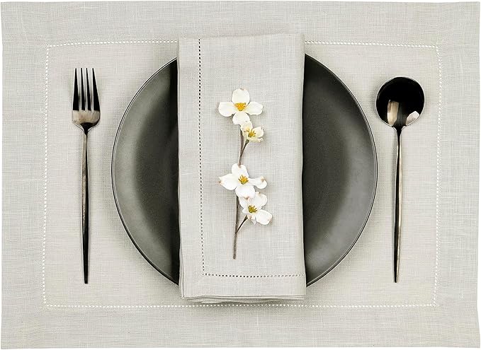 D'Moksha Homes Silver Grey Linen Cloth Placemats Set of 8-100% Pure Linen Hemstitch Placemats 14 x 19 Inch - Classic Hemstitch Table Place Mats for Christmas - Handcrafted and Machine Washable