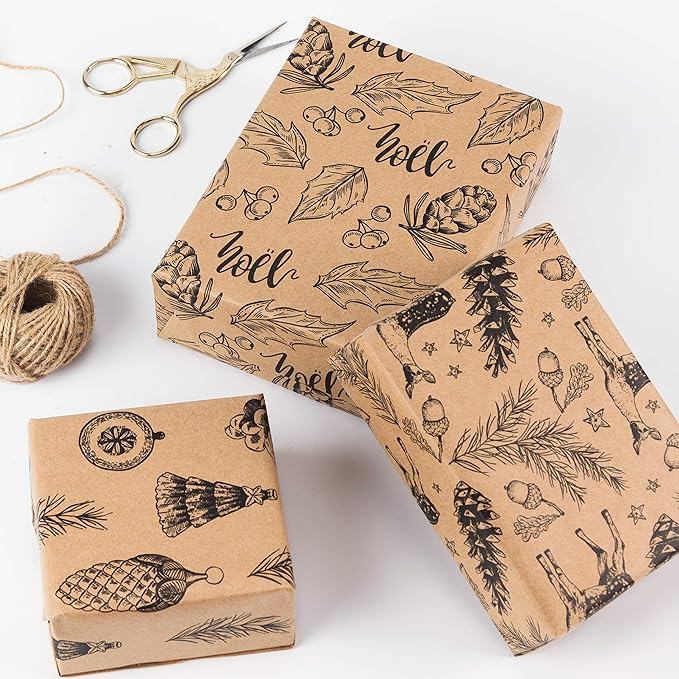 RUSPEPA Christmas Wrapping paper - Brown Kraft Paper with Black Christmas Elements Print Paper - 4 Roll-30Inch X 10Feet Per Roll