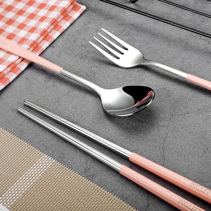 Travel cutlery set, 18/8 stainless steel cutlery, Reusable utensils set with case, Portable Silverware Lunch Box for Camping and Office (Pink)