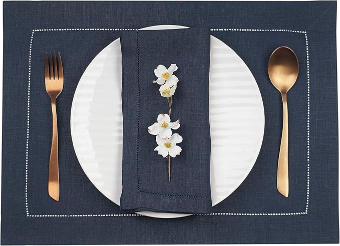 D'Moksha Homes Linen Placemats Set of 4 - Classic Hemstitch Navy Blue Placemats 14 x 19 Inch - 100% Pure Linen Table Mats for Winter, Christmas, Holiday - Handcrafted and Machine Washable
