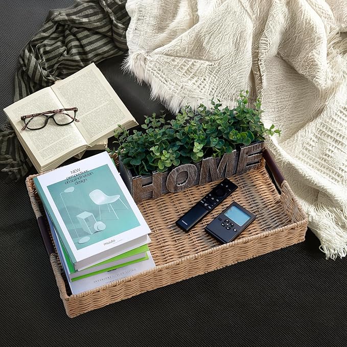 Handwoven Multipurpose Rectangle Rattan Tray, 20” x 12” – Durable Wicker Tray with Leather Handles for Home Decor Display