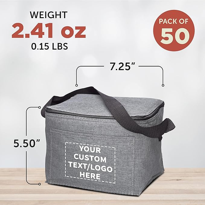 Custom Insulated Cooler Lunch Bag Set of 50, Personalized Bulk Pack - Perfect for Work, Travel, Outdoor Events - Grey