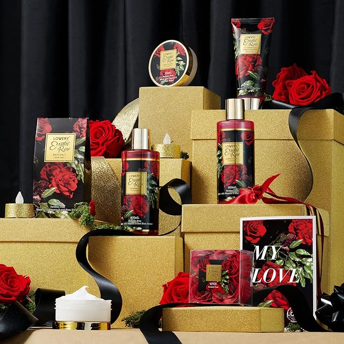 Christmas Gifts from Daughter and Son, Spa Bath and Body Gift Set, Exotic Rose Gift Basket for Women & Men, Thank You, Birthday, Mom, Personalized Gifts with Body Scrub, Bubble Bath, Lotion & More