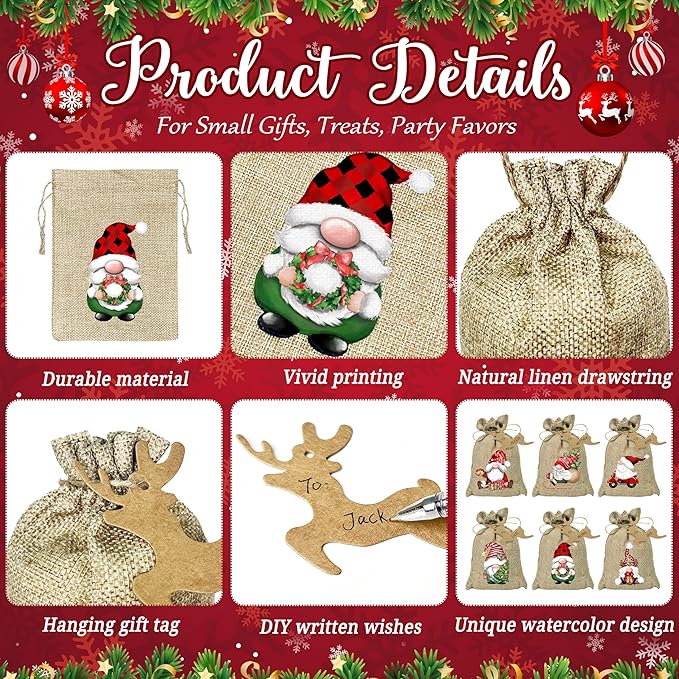BORAMDO Christmas Burlap Gift Wrapping Bags with Drawstrings 24Pcs, Christmas Gnomes Linen Treat Candy Bags for Holiday Party Favor Supplies