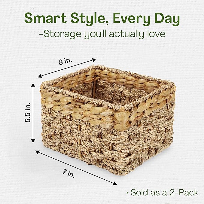 Small Wicker Baskets for Storage 2-Pack, Natural, Woven Baskets for Organizing Living Room, Pantry Baskets, Shelves, Wicker Basket Decorative - Small Size - 8x7x5.5 inches