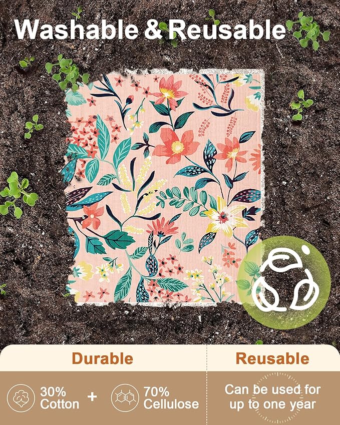 Swedish Dishcloths for Kitchen with Hooks - Reusable Dish Cloths for Washing Dishes Fast Drying Cute Fun 5 Pack Swedish Dish Towels Washable Cleaning Sponge, Color Floral Cluster