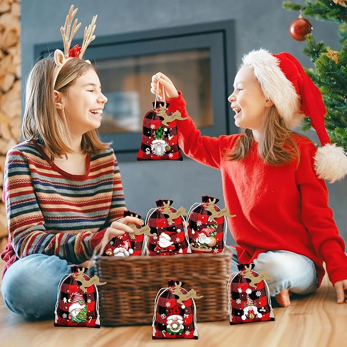 BORAMDO Christmas Burlap Gift Bags with Drawstrings 24Pcs, Buffalo Plaid Watercolor 12 Designs Christmas Gnomes Linen Wrapping Bags, Small Christmas Treat Candy Bags for Holiday Party Favor Supplies