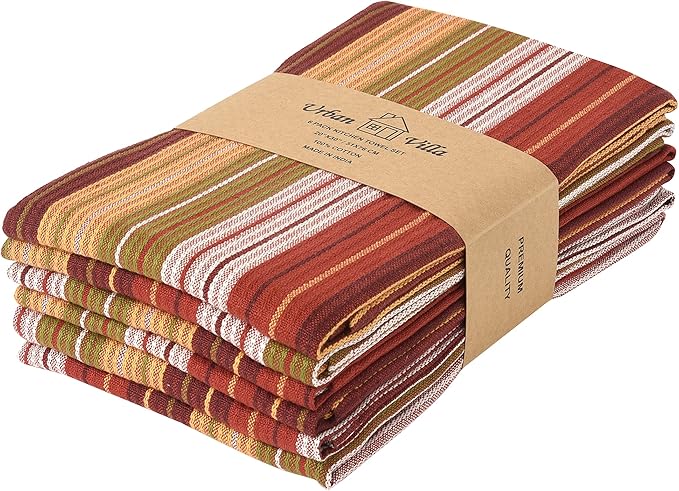 Urban Villa Kitchen Towels Harvest Stripes Towels Set of 6 20" X30” 100% Cotton Highly Absorbent Quick Drying Dish Cloths & Dish Towels Thanksgiving Fall Tea Towels with Hanging Loop Towels