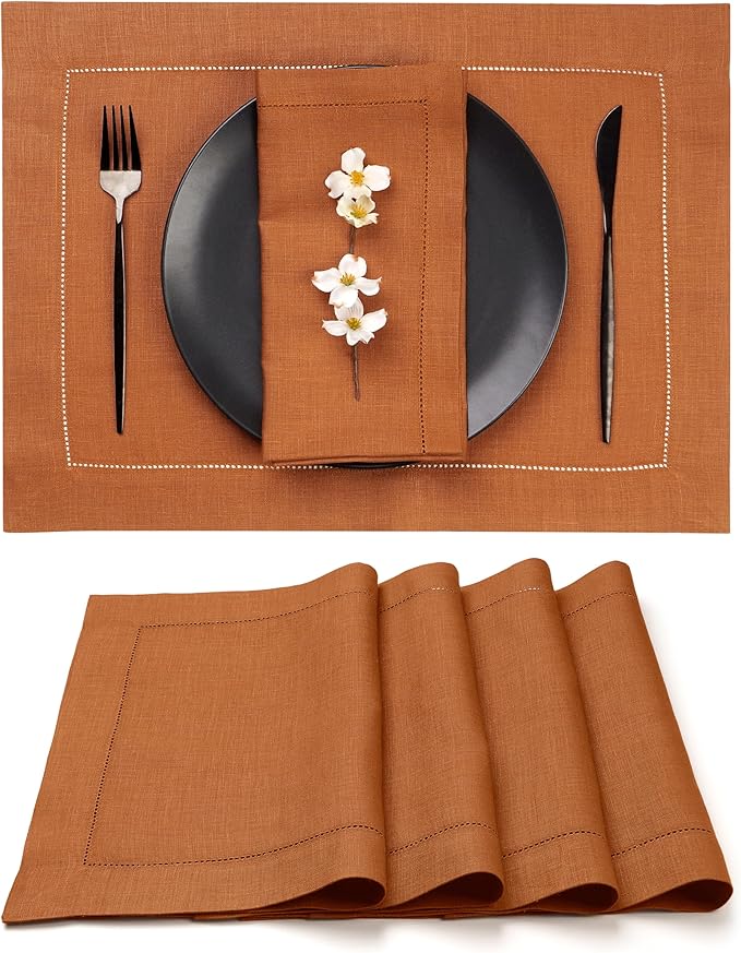 D'Moksha Homes Rust Linen Placemats Set of 4 - Classic Hemstitch Placemats 14 x 19 Inch - 100% Pure Linen Table Mats for Winter, Christmas, Holiday - Handcrafted and Machine Washable