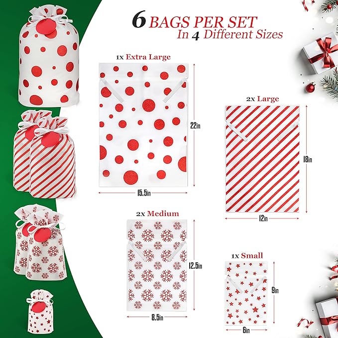 Fabric Gift Bags for Christmas Presents - 6 Pcs Gift Wrap Christmas Bags with Drawstring, Large Xmas Gift Bags for Presents, Reusable Xmas Bags for Gifts (Glitter Red, Assorted)