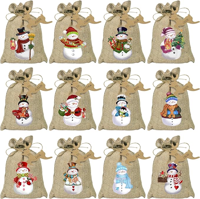 BORAMDO Christmas Burlap Gift Bags with Drawstrings - 24 Pcs, Watercolor 12 Designs Snowman Linen Wrapping Bags, Small Treat Candy Bags for Holiday Party Favors