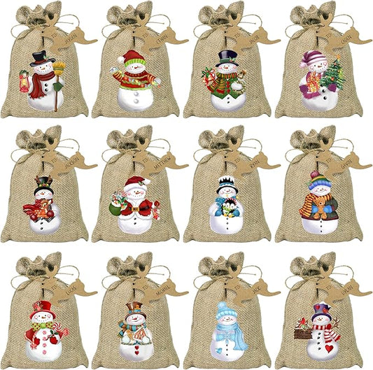 BORAMDO Christmas Burlap Gift Bags with Drawstrings - 24 Pcs, Watercolor 12 Designs Snowman Linen Wrapping Bags, Small Treat Candy Bags for Holiday Party Favors