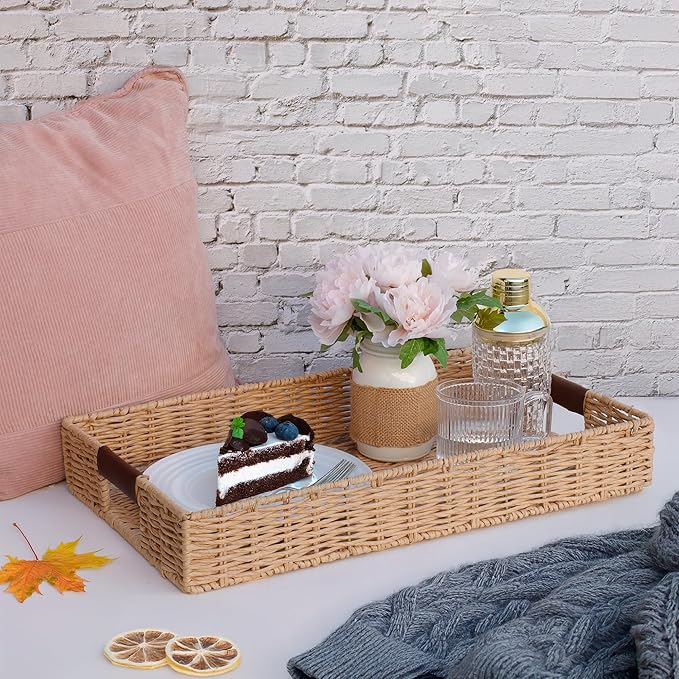 Handwoven Multipurpose Rectangle Rattan Tray, 20” x 12” – Durable Wicker Tray with Leather Handles for Home Decor Display