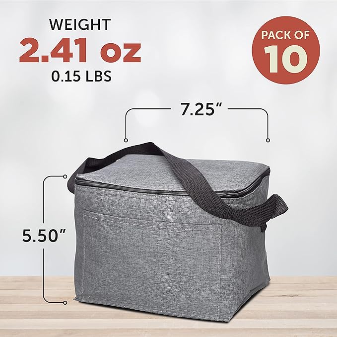 Insulated Cooler Lunch Bag Set of 10, Bulk Pack - Perfect for Work, Travel, Outdoor Events - Grey