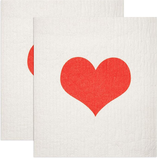 Swedish Dishcloths 2 Pack Red Heart Print Reusable Sponges Kitchen Cleaning Cloth Dish Scrubber, Machine Washable, Measures 7.87”x6.88 inches.