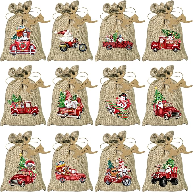 BORAMDO Christmas Burlap Gift Wrapping Bags with Drawstrings 24Pcs, Christmas Red Truck Linen Treat Candy Bags for Holiday Party Favor Supplies