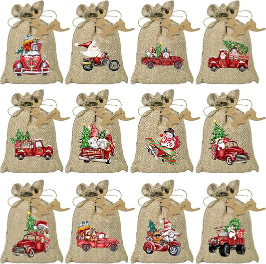 BORAMDO Christmas Burlap Gift Wrapping Bags with Drawstrings 24Pcs, Christmas Red Truck Linen Treat Candy Bags for Holiday Party Favor Supplies