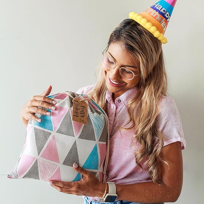 12 pcs Reusable gift bags. Bonus: 15 Gift tags & String. Multipurpose Gift wrap bags. Fabric gift bags. Gift bags assorted sizes for Holiday gifts, birthdays, parties. 7th Ed.