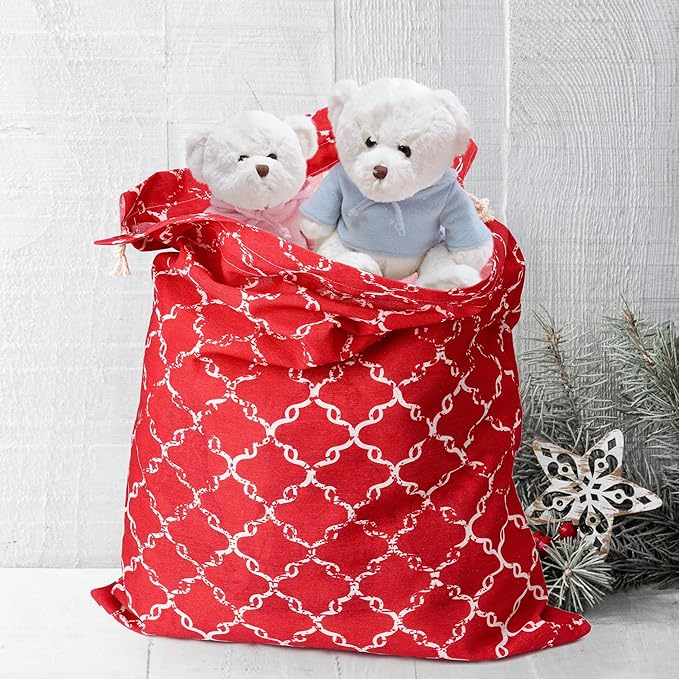 POPGIFTU 12 Pack Christmas Fabric Gift Bags with Drawstring — Reusable Red Canvas Holiday Gift Bags in Assorted Sizes with Gift Tags for Xmas Present Wrapping & Party Favors