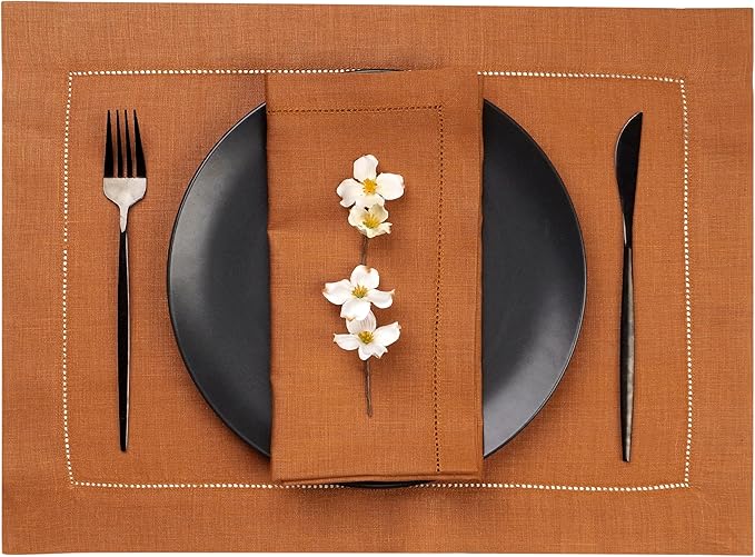 D'Moksha Homes Rust Linen Placemats Set of 4 - Classic Hemstitch Placemats 14 x 19 Inch - 100% Pure Linen Table Mats for Winter, Christmas, Holiday - Handcrafted and Machine Washable