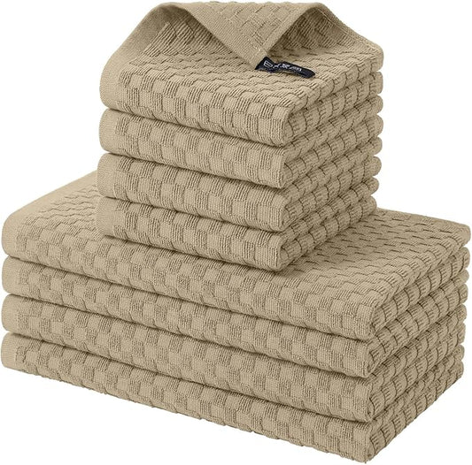 Fintale 100% Cotton Kitchen Towels and Dishcloths Set, 12 x 12 & 15 x 25 Inches, Set of 8 Bulk Super Soft and Absorbent Terry Cloth Dish Towels, Quick Drying Hand Towels with Hanging Loop, Tan