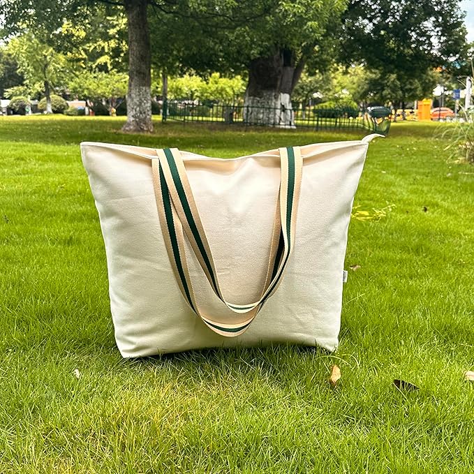 16OZ Cotton Canvas Zipper Closure Lined Grocery Shopping Beach Casual Multi Purpose Tote X-Large