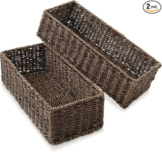Casafield Set of 2 Bathroom Storage Baskets, Espresso - Seagrass, 16" W x 6.75" D x 4.25" H, Woven Toilet Tank Topper Bins for Organizing Tissues, Toilet Paper, Toiletries, Shelves