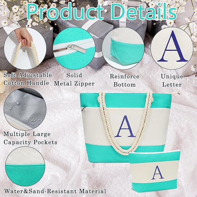 YOOLIFE Christmas Gifts for Women - Personalized Initial Canvas Beach Bags for Women Gifts for Mom Teacher Friend Birthday