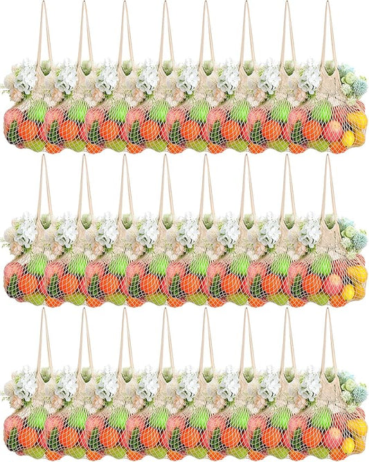 Woanger 24 Pcs Reusable Cotton Mesh Produce Shopping Bags Washable Grocery Net Portable Fruit and Vegetable Cotton String Bags Long Handle Net Tote Organizer(Long Handle)