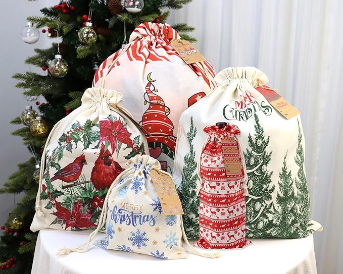 POPGIFTU 12 Pack Christmas Canvas Drawstring Gift Bags — Reusable Fabric Santa Sacks in Mixed Sizes with Kraft Tags for Holiday Present Packaging, Xmas Decorations & Party Favors