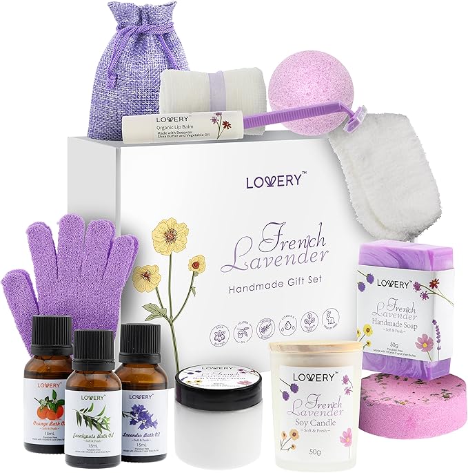 Christmas Bath Gift Set, 18pc French Lavender Relaxation Spa Gift Basket for Women & Men, Handmade Gift Box, Body Oils, Organic Lip Balm, Scented Candle, Bath Bomb & More, Spa Kit Gift for Birthday