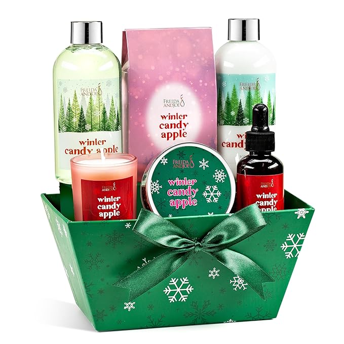 7-Piece Bath and Body Gift Set for Women with Shower Gel, Body Lotion, Body Scrub, Body Oil, Bath Salt, and Scented Candle – Perfect Spa Gift (Winter Candy Apple)