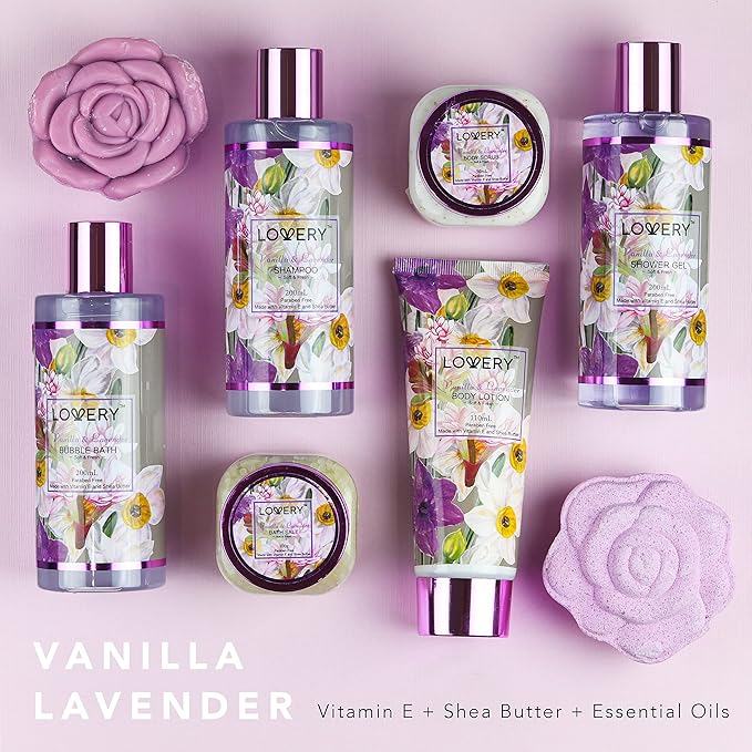 Christmas Gift Sets For Women, Gift Basket for Women & Men, Bath and Body Gift Basket, 13pc Vanilla Lavender Home Spa Set, Body Lotion, Bath Bomb, Shower Gloves Gift for Mom Thank You Birthday Gifts
