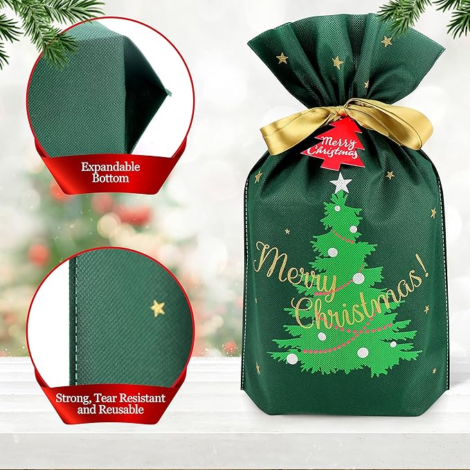 Fabric Christmas Gift Bags - 6 Pcs Gift Bags with Drawstring, Large Reusable Christmas Bags for Gifts (Green Xmas Tree Assorted)