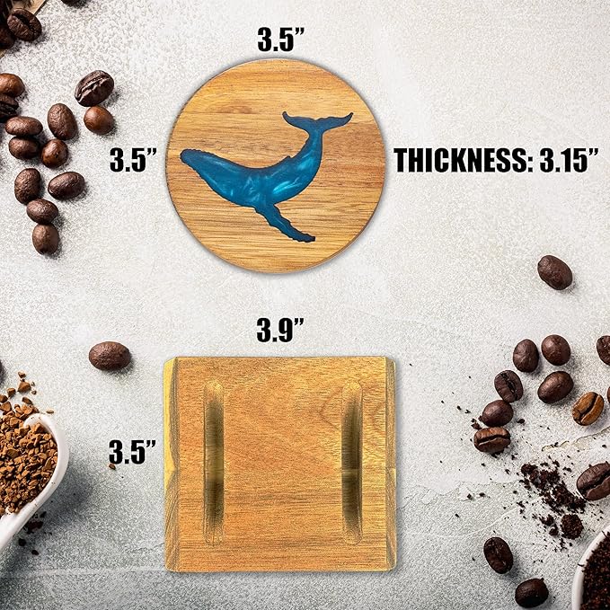 4Pcs Drink Coaster Set with Napkin Holder Conversion Base Acacia Wood with Unique Resin Animal Design for Kinds of Cups Tabletop Protection and Decor for Coffee Table Ideas for Gifts