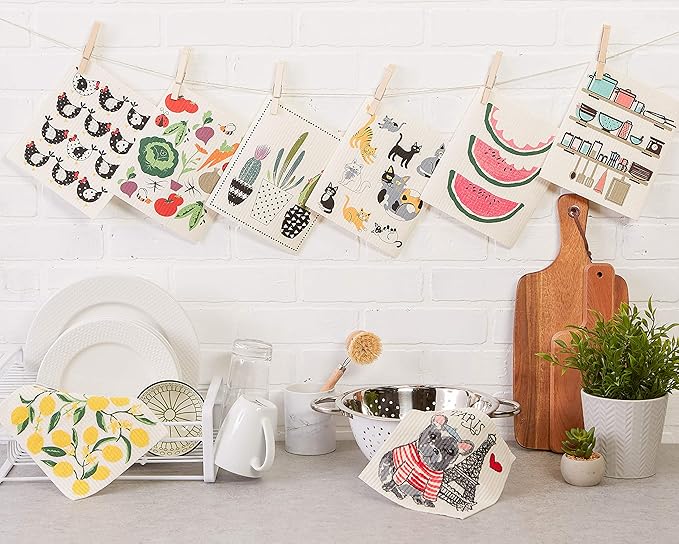 DII Swedish Dishcloths for Kitchen & Cleaning, Reusable, Machine Washable & Dishwasher Safe, Biodegradable, 7.75 x 6.75, Cats Everywhere!, 3 Piece