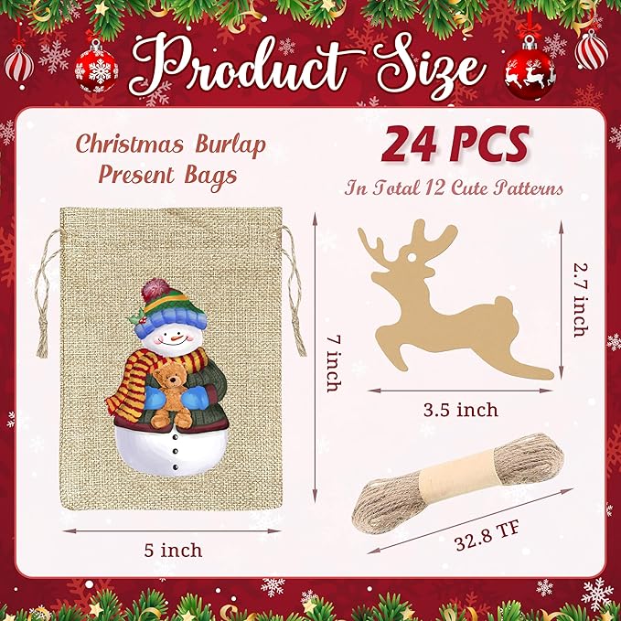 BORAMDO Christmas Burlap Gift Bags with Drawstrings - 24 Pcs, Watercolor 12 Designs Snowman Linen Wrapping Bags, Small Treat Candy Bags for Holiday Party Favors