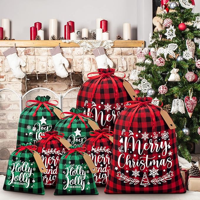 10 PCS Christmas Drawstring Gift Bags with Tags, Buffalo Plaid Xmas Gift Bags Assorted Sizes Bulk, Cotton Fabric Holiday Gift Bag Large Medium Small Wrapping Bag for Xmas Presents Decor Party Favors